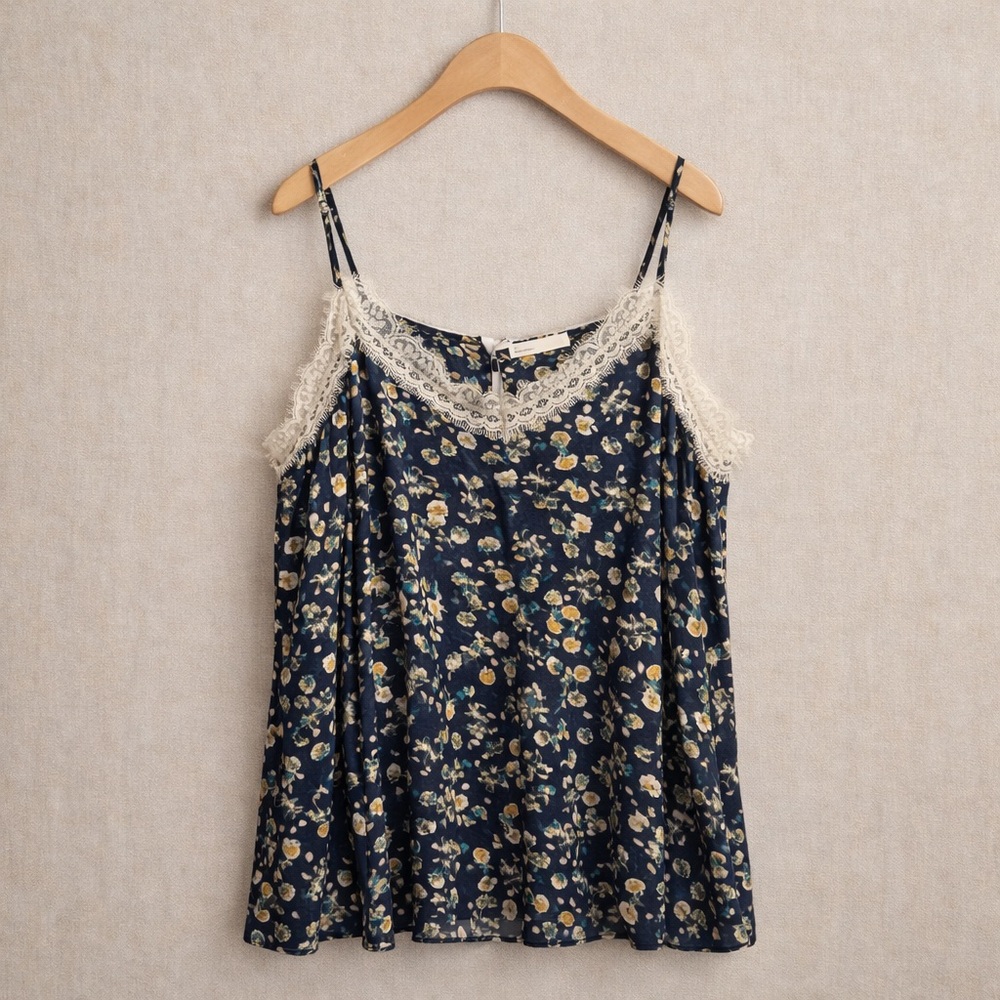 DOROTHEE SCHUMACHER Silk Floral Lace Trim Camisole Top Navy Designer